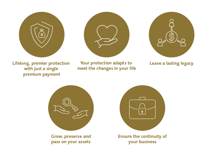 PWSP_planhighlight_en PRUlife prestige wealth planner - Lifelong premier protection with just a single premium payment; protection adapts to meet the changes in life; leave a lasting legacy; grow and preserve and pass on assets; ensure continuity of business