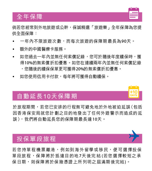 保誠精選「旅遊樂」- 全年保障, 自動延長10天保障期, 投保單段旅程